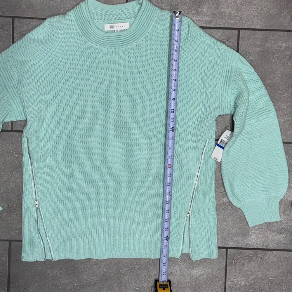 Fever Sweater Dusty Aqua Mock Neck Balloon Sleeve Chunky Knit Zipper‎ Sz XL NWT